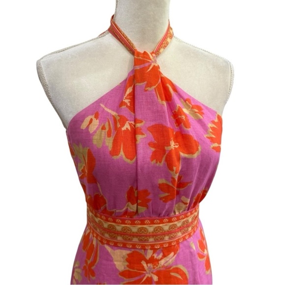 Antonio Melani Naomi Mandarin Floral Printed Linen Halter Dress Pink Orange $189 - Picture 4 of 15